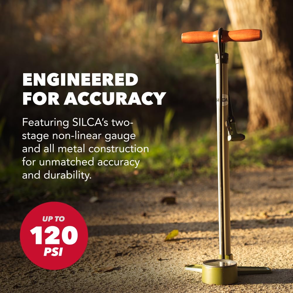 SILCA Terra Bike Floor Pump with Gauge – High Pressure Bicycle Pump for Presta & Schrader Valves – Gravel, Road & Tubeless Bike Tire Pump – Non-Linear 2-Stage Gauge, All-Metal Construction – 120 PSI - Image 3