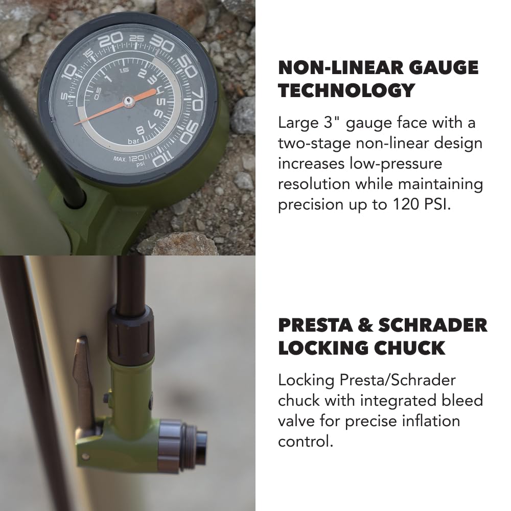 SILCA Terra Bike Floor Pump with Gauge – High Pressure Bicycle Pump for Presta & Schrader Valves – Gravel, Road & Tubeless Bike Tire Pump – Non-Linear 2-Stage Gauge, All-Metal Construction – 120 PSI - Image 4